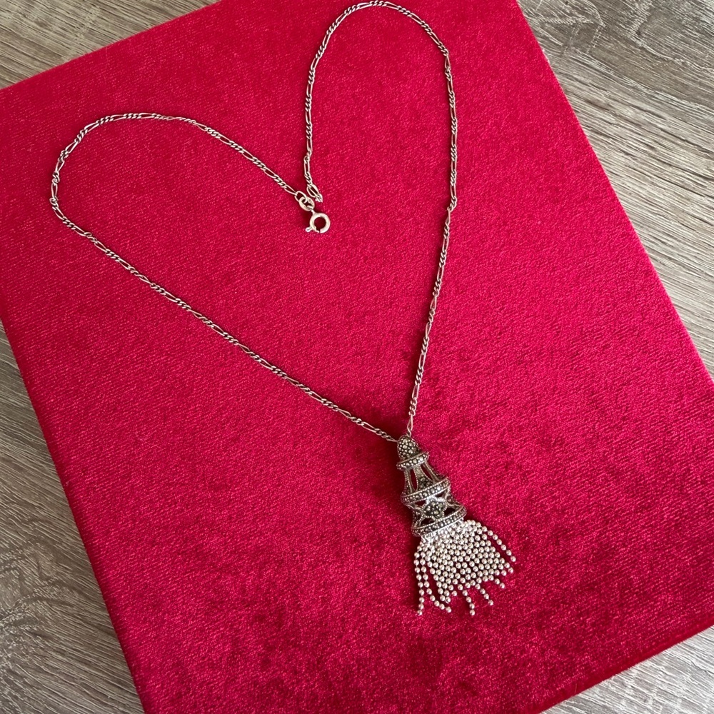Tassel Pendant Marcasite Necklace, Sterling Silver 925 Vintage 18”